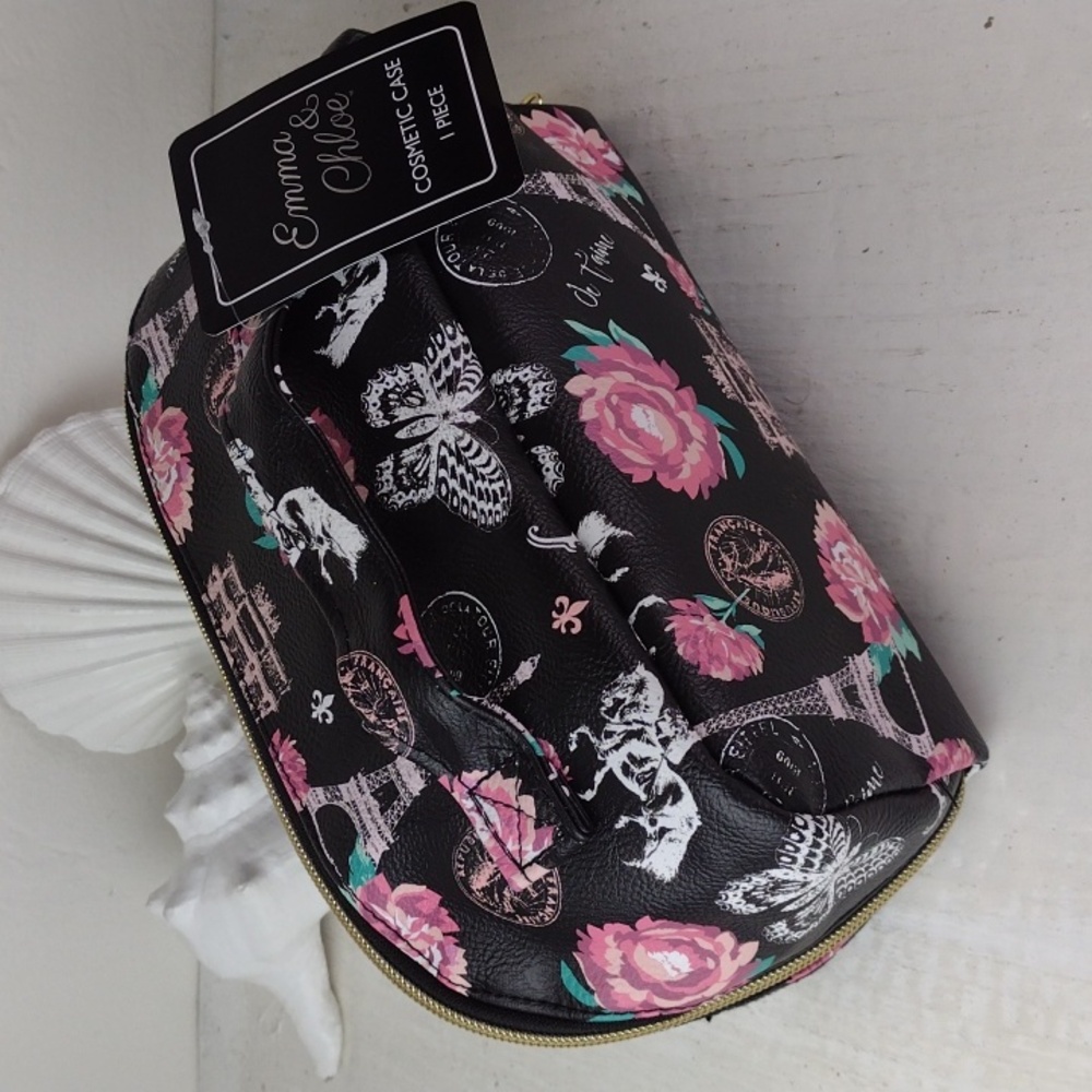 Emma & Chloe Black & Pink Floral & Paris Themed Women's Make-up Bag NWT - Picture 5 of 13